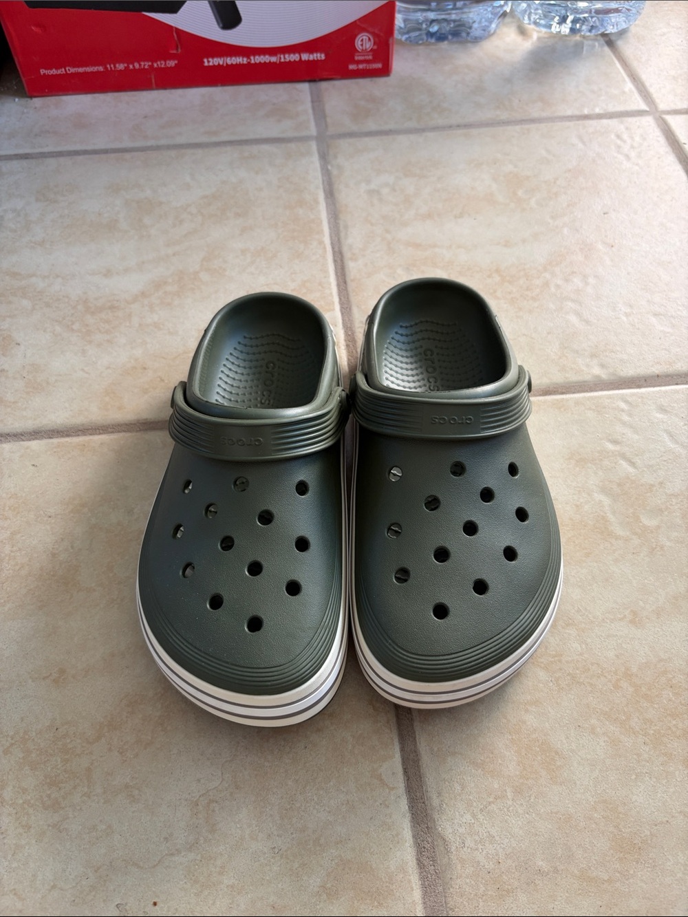 CROCS Women’s Sz 8 Olive Green Clogs with White Trim